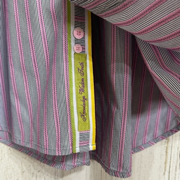 Robert Graham Button Down Floral Flip Cuff Shirt Grey Pink Stripes Size L - Picture 4 of 10